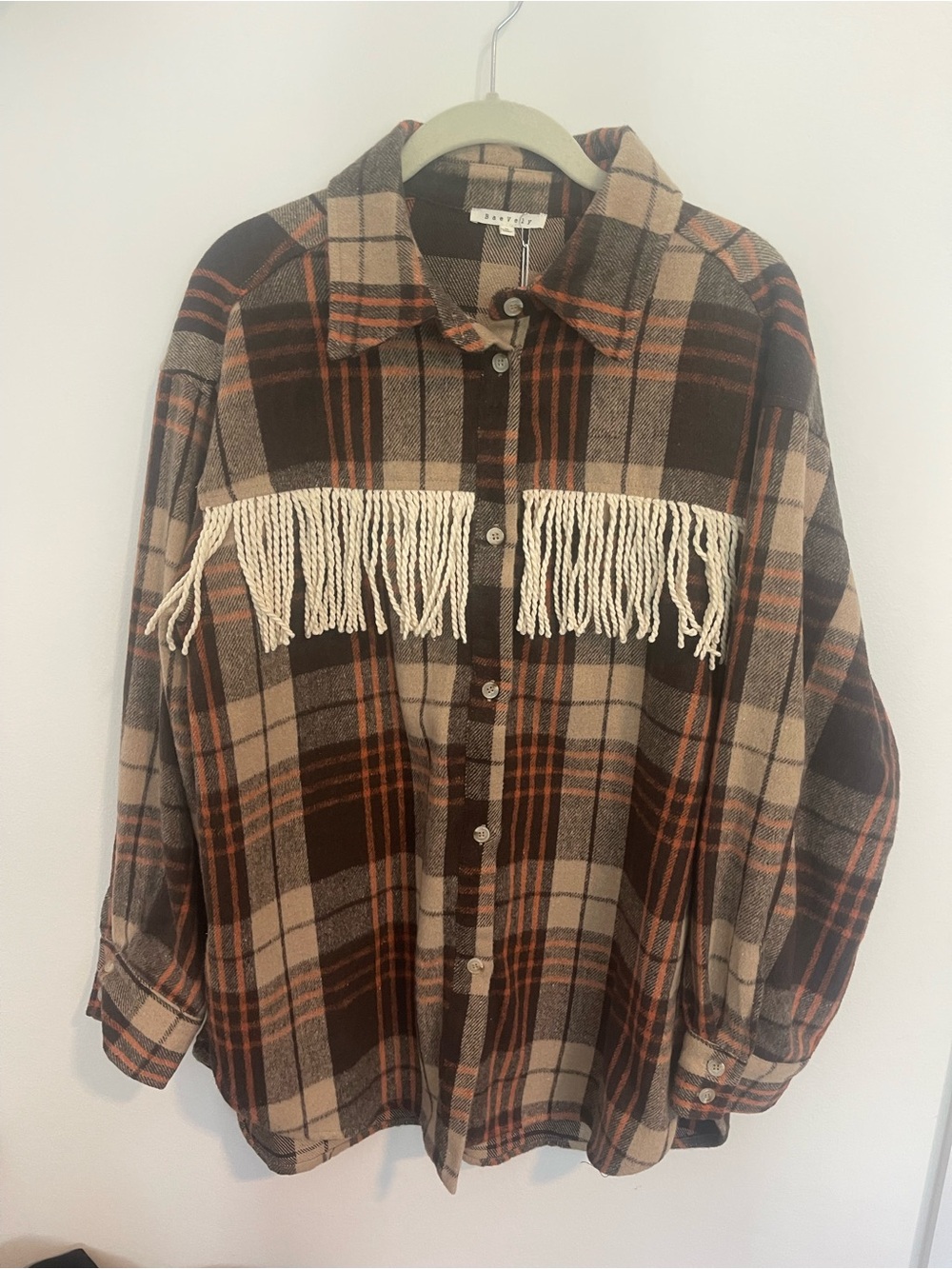 Plaid Fringe Button-Up Shacket in Brown and Tan